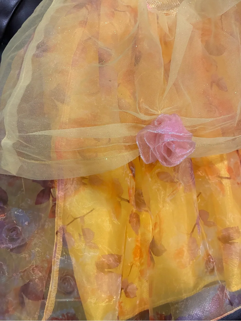 Disney Belle Yellow Princess Tulle Dress with Pink Rose Accents